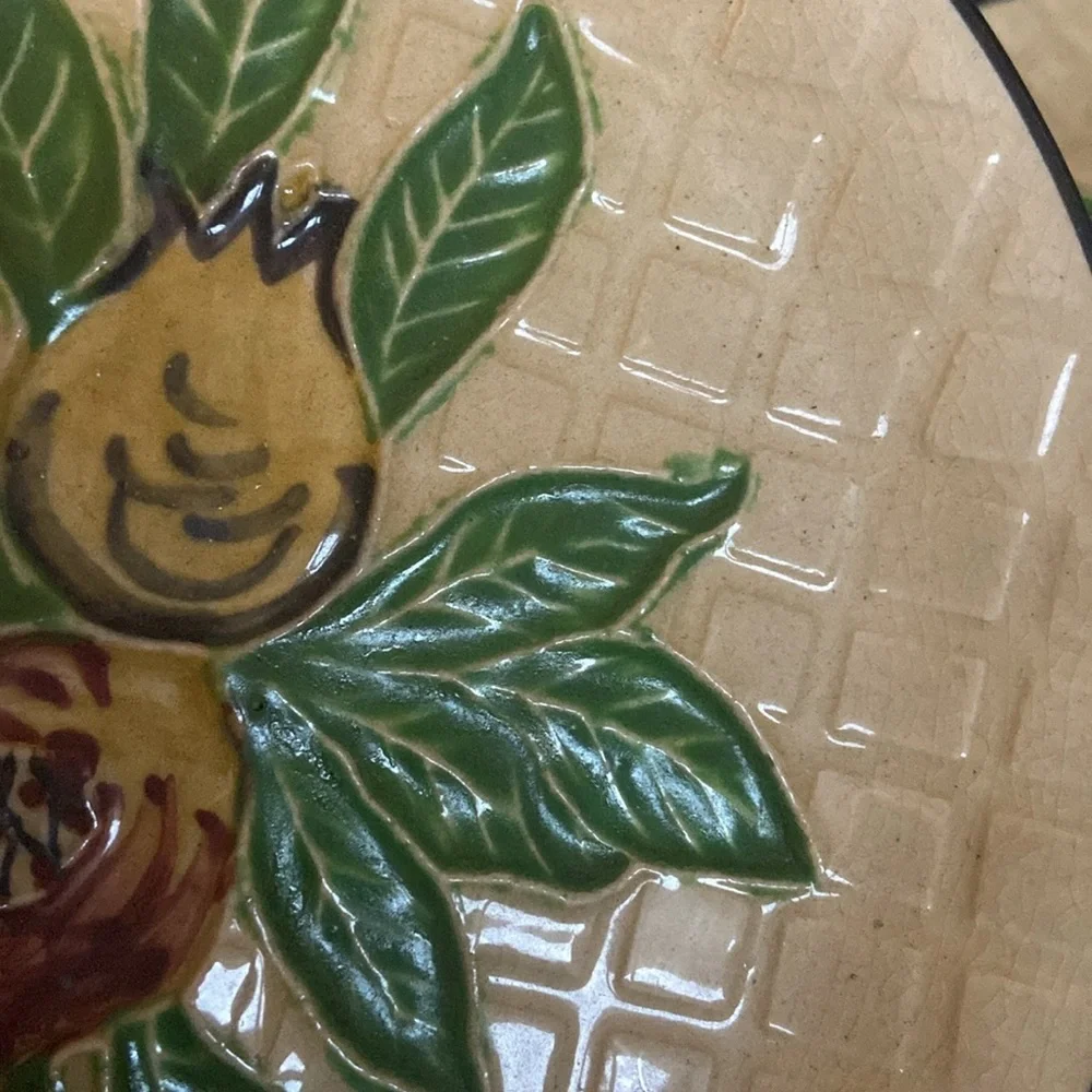 Vintage pair of pottery style plates leaves fruit